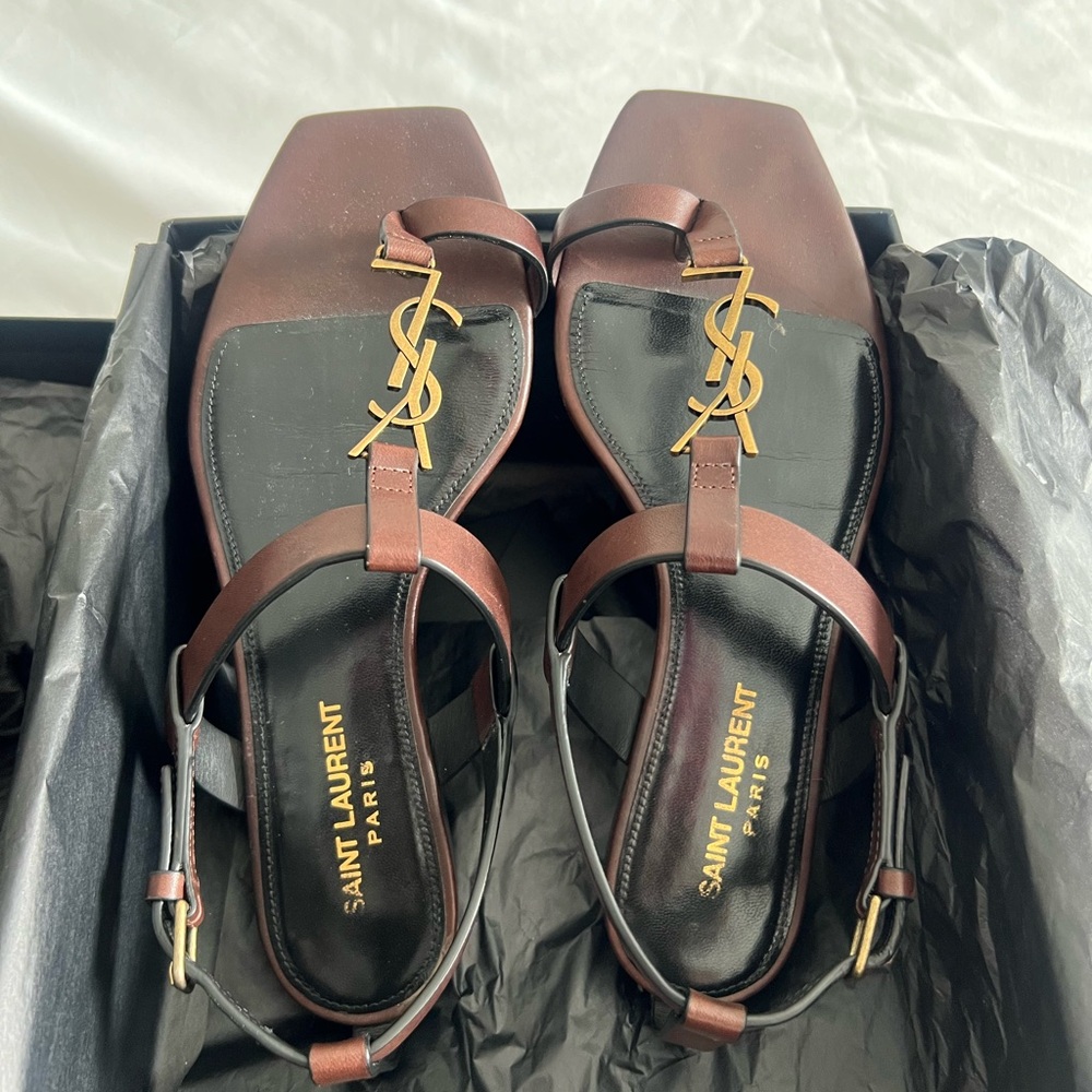 Saint Laurent Brown Sandals with Gold Logo